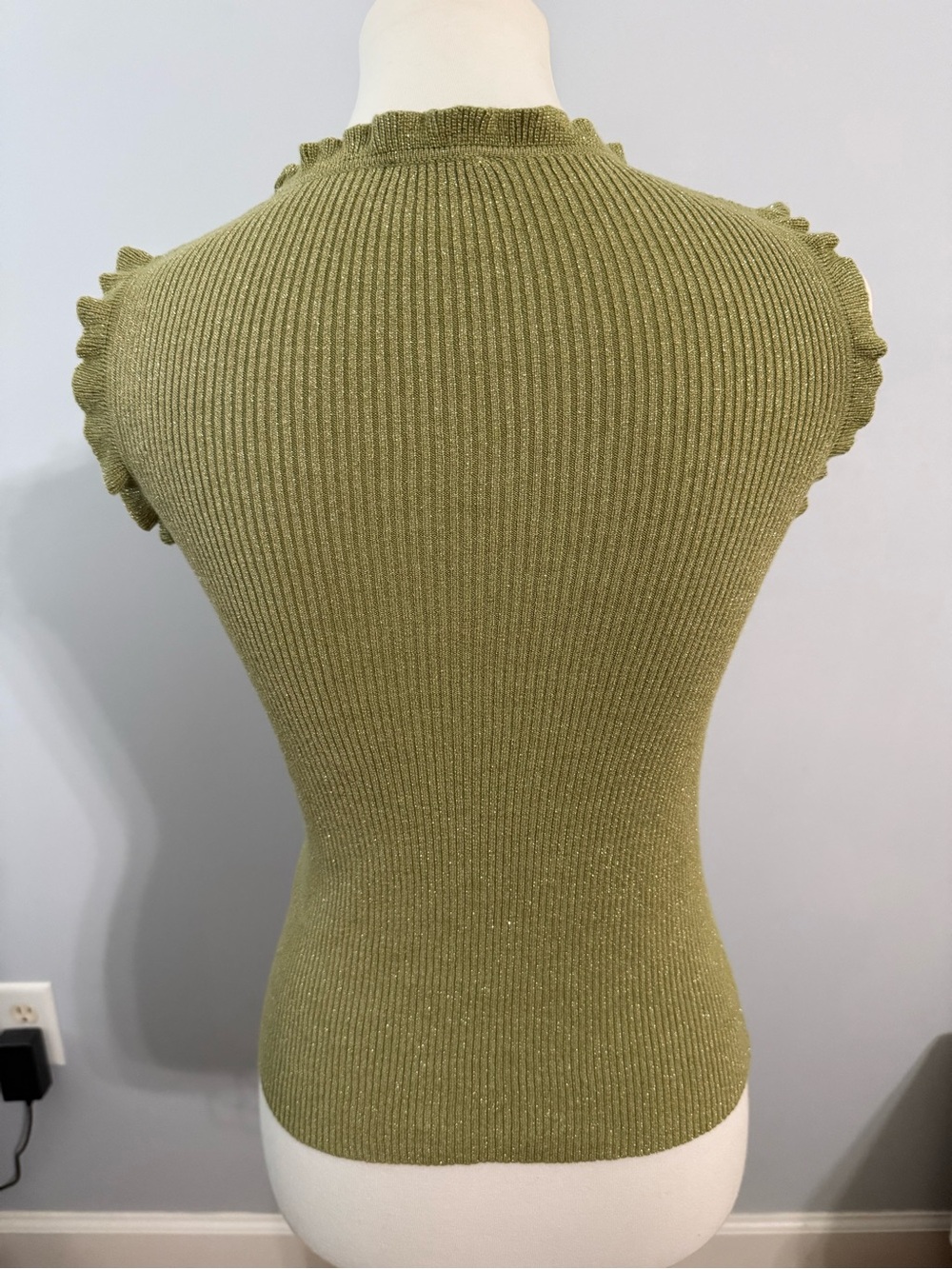 Olive Ribbed Sleeveless Tank with Ruffle Trim - Picture 2 of 5